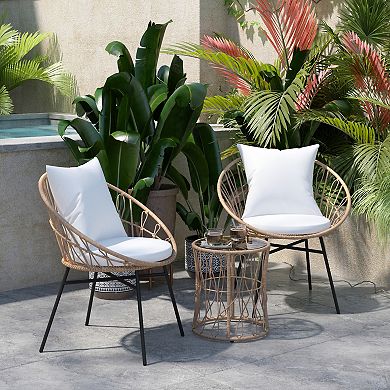 Emma and Oliver Ari 3 Piece Boho Patio Set - Faux Rattan Rope Papasan Style Chairs with Cushions and Glass Topped Side Table