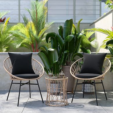 Emma and Oliver Ari 3 Piece Boho Patio Set - Faux Rattan Rope Papasan Style Chairs with Cushions and Glass Topped Side Table