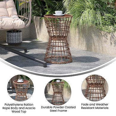 Emma and Oliver Ari All-Weather Faux Rattan Rope Patio Table with Acacia Wood Top for Indoor and Outdoor Use