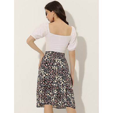 Women's Floral Print Ruffle Hem High Elastic Waist a-Line Midi Skirt