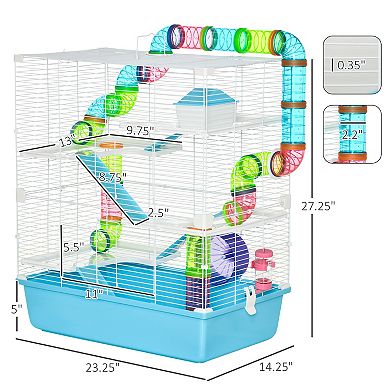 PawHut 23" Large Hamster Cage, Small Animal House, 5-Level Gerbil Haven, Tunnel Tube System, with Water Bottle, Exercise Wheel, Food Dish, Ramps, 2 Doors, Light Blue