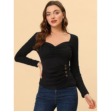 Women's Sweetheart Neck Ruched Long Sleeve Slim Rib Knit Top