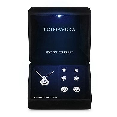 Primavera Silver Plated Cubic Zirconia Halo Pendant & Earring Trio Set