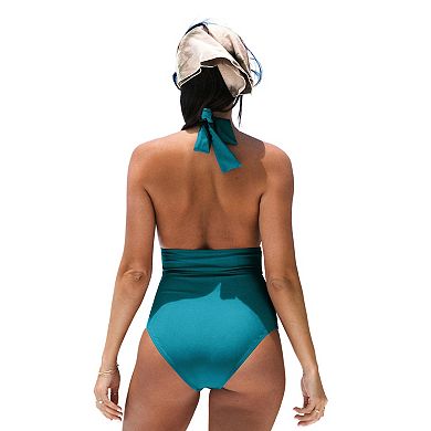 Women's CUPSHE Tie Halter Neck Ruched Tummy Control One-Piece Swimsuit