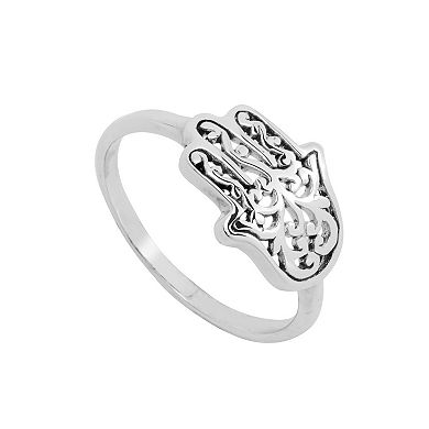 Main and Sterling Oxidized Sterling Silver Filigree Hamsa Ring