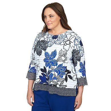 Plus Size Alfred Dunner Geo Trim Floral Stripe Top