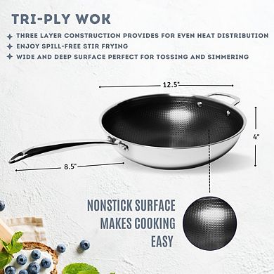 Tri-ply Stainless Steel Scratch Resistant Nonstick 5 QT Wok with Glass Lid
