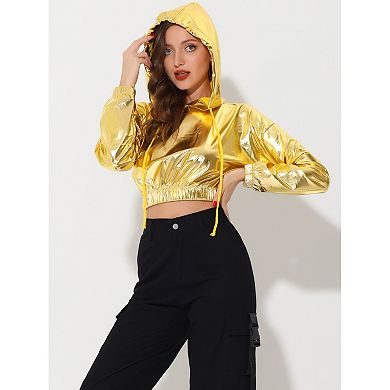 Women's Crop Top Hoodies Holographic Shiny Metallic Sweatshirts