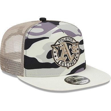 Men's New Era White Oakland Athletics Chrome Camo A-Frame 9FIFTY Trucker Snapback Hat