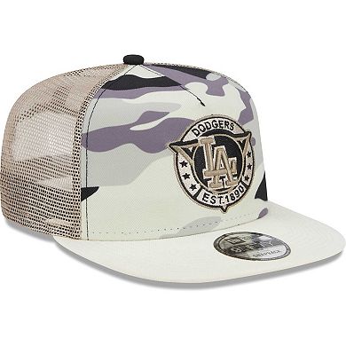 Men's New Era White Los Angeles Dodgers Chrome Camo A-Frame 9FIFTY Trucker Snapback Hat