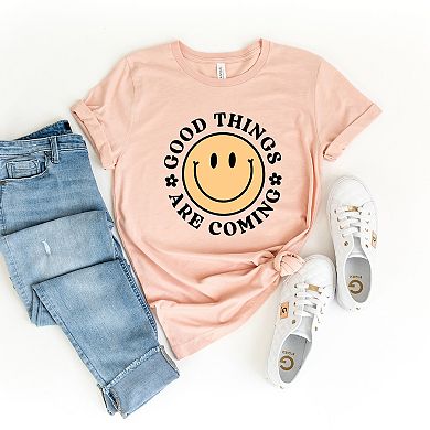 Good Things Are Coming Smiley Face Short Sleeve Graphic Tee