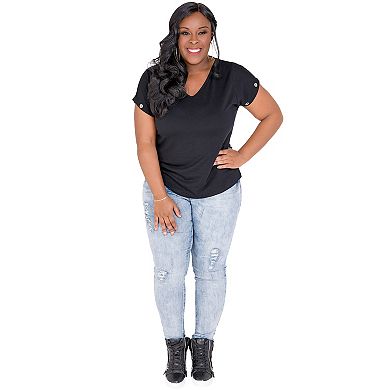 Plus Size Kira Black V-Back Cut Out T-Shirt With Gold Grommets