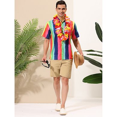 Men's Summer Vertical Stripe Print Short Sleeve Button Down Shirts