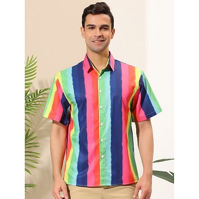 Men's Summer Vertical Stripe Print Short Sleeve Button Down Shirts