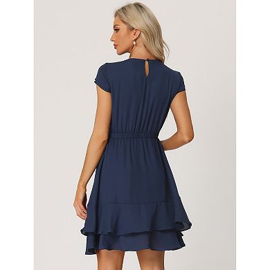 Women's Crew Neck Cap Sleeve A-line Layered Ruffled Mid-length Dress