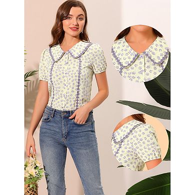 Button Down Tops For Women's 1950s Peter Pan Collar Floral Blouse