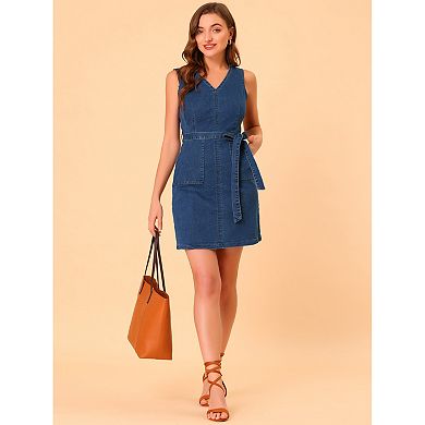 Women's Denim V Neck Belted Sleeveless Mini Dress With Pockets