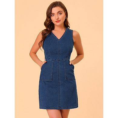 Women's Denim V Neck Belted Sleeveless Mini Dress With Pockets