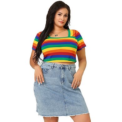 Plus Size Crop Tops for Women Short Sleeve Square Neck Rainbow Tee T-Shirt Top