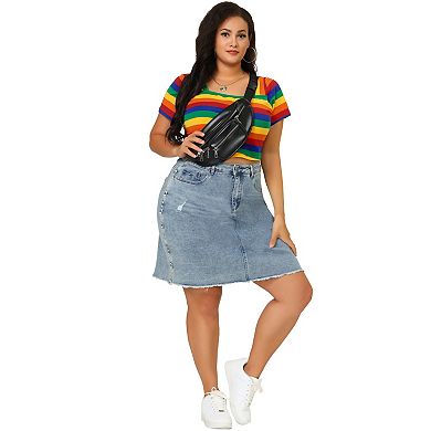 Plus Size Crop Tops for Women Short Sleeve Square Neck Rainbow Tee T-Shirt Top