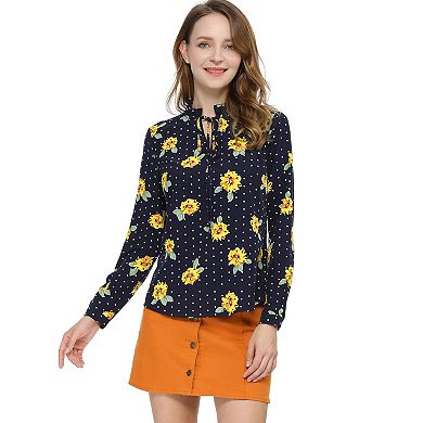 Women's Ruffled Tie Neck Long Sleeves Floral Polka Dots Blouse Tops