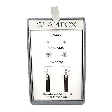 Glam Box 3 Pair Simulated Diamond Stud, Bezel Trio & Post Hoop Earring Set