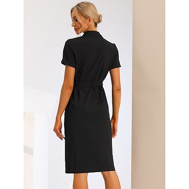 Women's Short Sleeve Notched Lapel Double Breasted Belted Work Office Dress Blazer Dresses