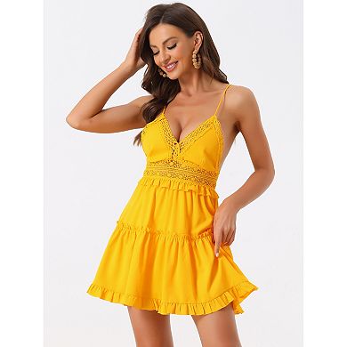 Women's Summer Dress Casual V-neck Backless Spaghetti Strap Lace Mini Dresses