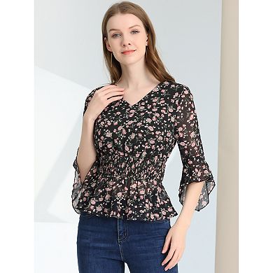 Women's Floral Blouse V-Neck Flare Sleeve Smocked Waist Peplum Top