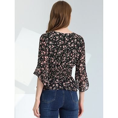 Women's Floral Blouse V-Neck Flare Sleeve Smocked Waist Peplum Top