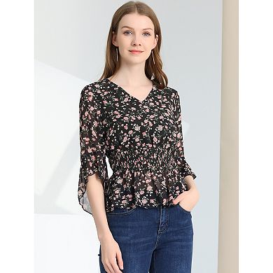 Women's Floral Blouse V-Neck Flare Sleeve Smocked Waist Peplum Top