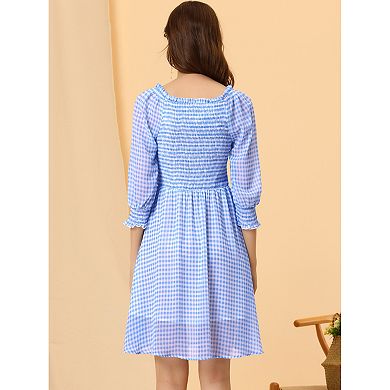 Square Neck For Women's 3/4 Sleeve Ruffle Smocked Plaid Mini Dress