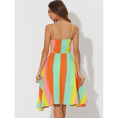 Women's Summer Dress Casual Beach Sundress V Neck Tie Front Rainbow Spaghetti Strap Dresses