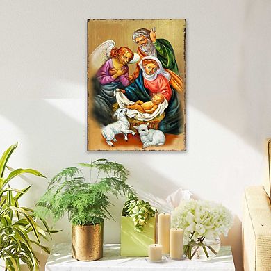 G.Debrekht Nativity Wooden Gold Plated Religious Christian Sacred Icon Inspirational Icon Décor