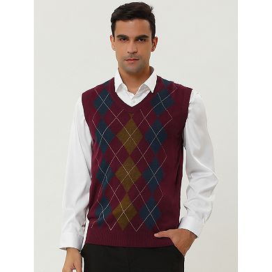 Men's Casual Argyle Vest Sweater Slim Fit Sleeveless Knit Pullover