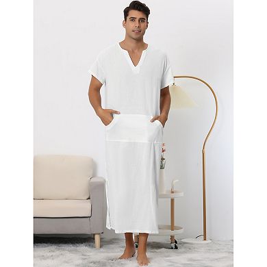 Men's V-Neck Short Sleeves Cotton Side Split Long Nightshirt