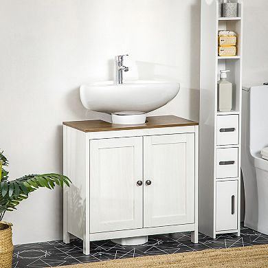 kleankin Modern Bathroom Sink Cabinet, Floor Standing Under Sink Cabinet, Freestanding Storage Cupboard with Adjustable Shelf, Double Doors, Antique White