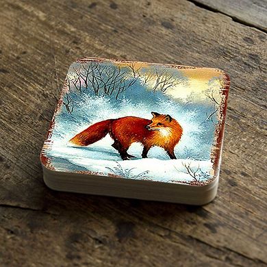 Fox Wooden Cork Coasters Gift Set of 4 by Nature Wonders