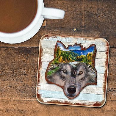 Wolf Face Wooden Cork Coasters Gift Set of 4 by Nature Wonders