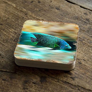 Green Tropical Fish Coastal Wood Coasters Set of 4 by Nature Wonders