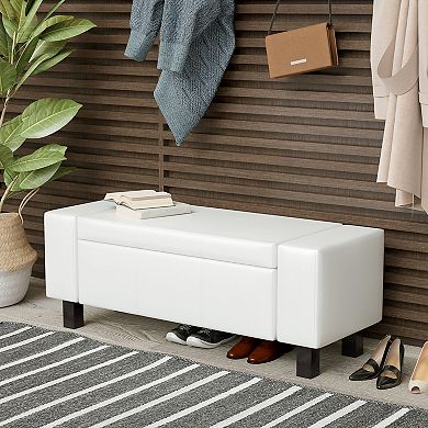 HOMCOM 42" Faux Leather Storage Ottoman Bench Organizer Chest Rectangular Footstool with Hinged Lid for Living Room Entryway or Bedroom   Cream White