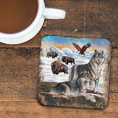 Winter Wolves Wooden Cork Coasters Gift Set of 4 by Nature Wonders