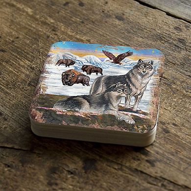 Winter Wolves Wooden Cork Coasters Gift Set of 4 by Nature Wonders