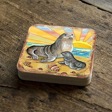 Sealion Coastal Wooden Cork Coasters Gift Set of 4 by Nature Wonders