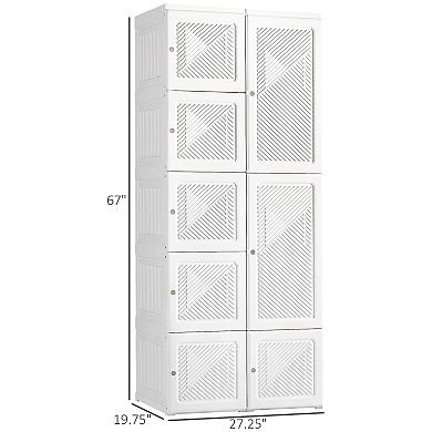 HOMCOM Portable Wardrobe Closet, Folding Bedroom Armoire, Clothes Storage Organizer with Cube Compartments, Hanging Rod, Magnet Doors, White