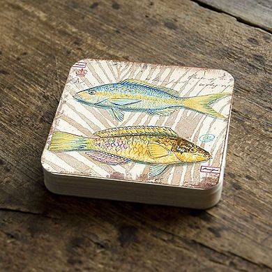 Fish Coastal Wooden Cork Coasters Gift Set of 4 by Nature Wonders