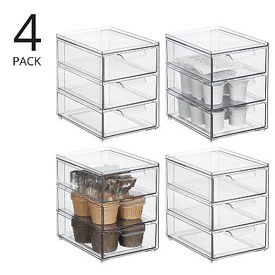mDesign Plastic Stackable 3-Drawer Kitchen Storage Organizer - 4 Pack