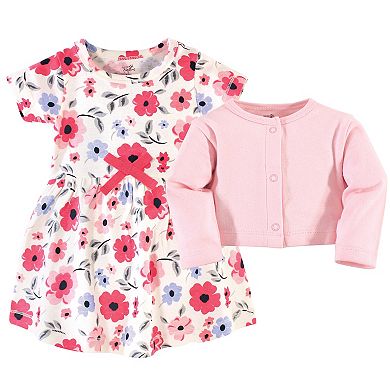 Touched by Nature Baby and Toddler Girl Organic Cotton Dress and Cardigan 2pc Set, Coral Garden