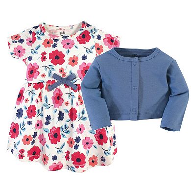 Touched by Nature Baby and Toddler Girl Organic Cotton Dress and Cardigan 2pc Set, Garden Floral