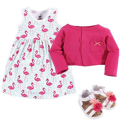 Hudson Baby Infant Girl Cotton Dress, Cardigan and Shoe 3pc Set, Bright Flamingo